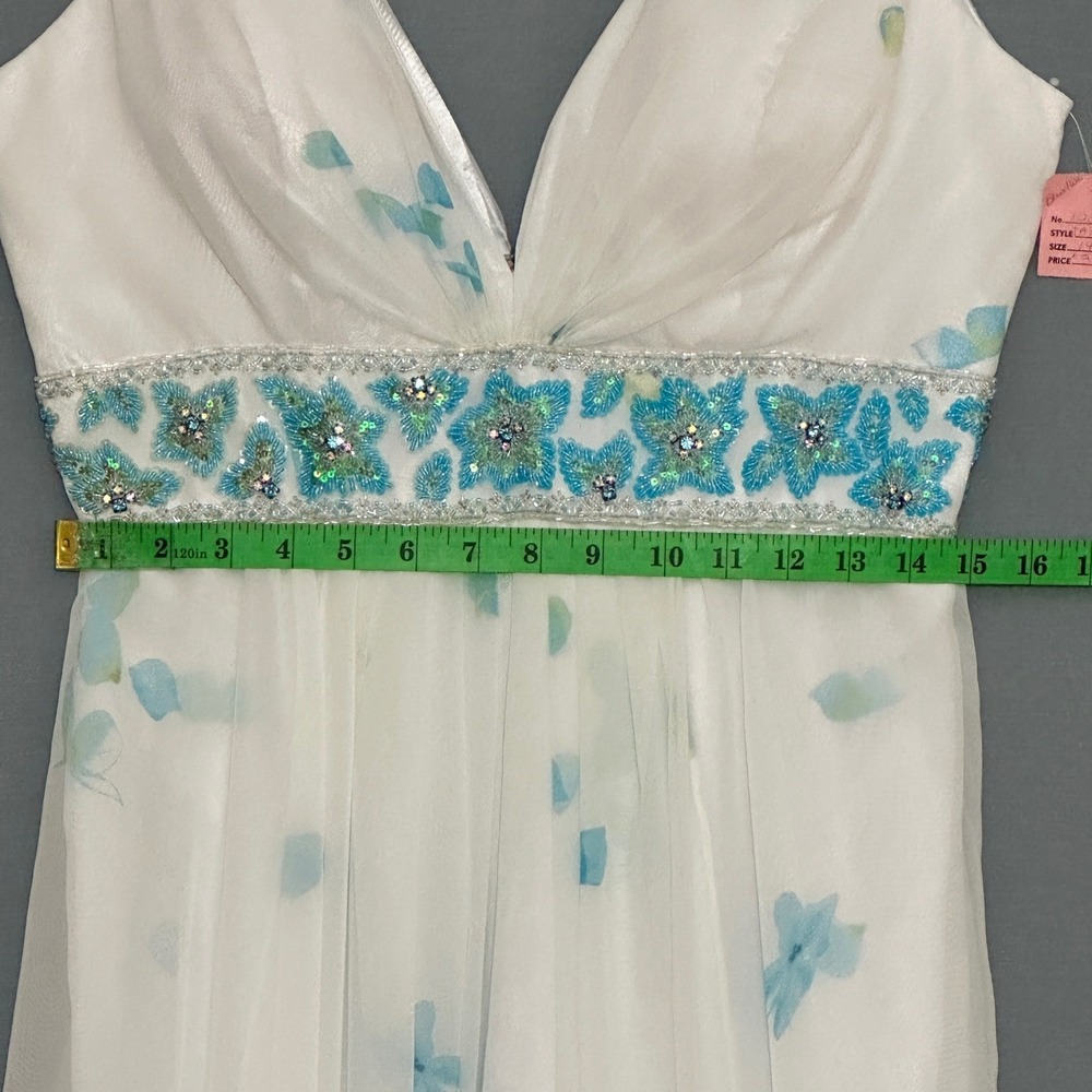VTG Tony Bowls Le Gala Woman Dress 14 White Blue Floral Beaded Ethereal Romantic - Picture 10 of 16